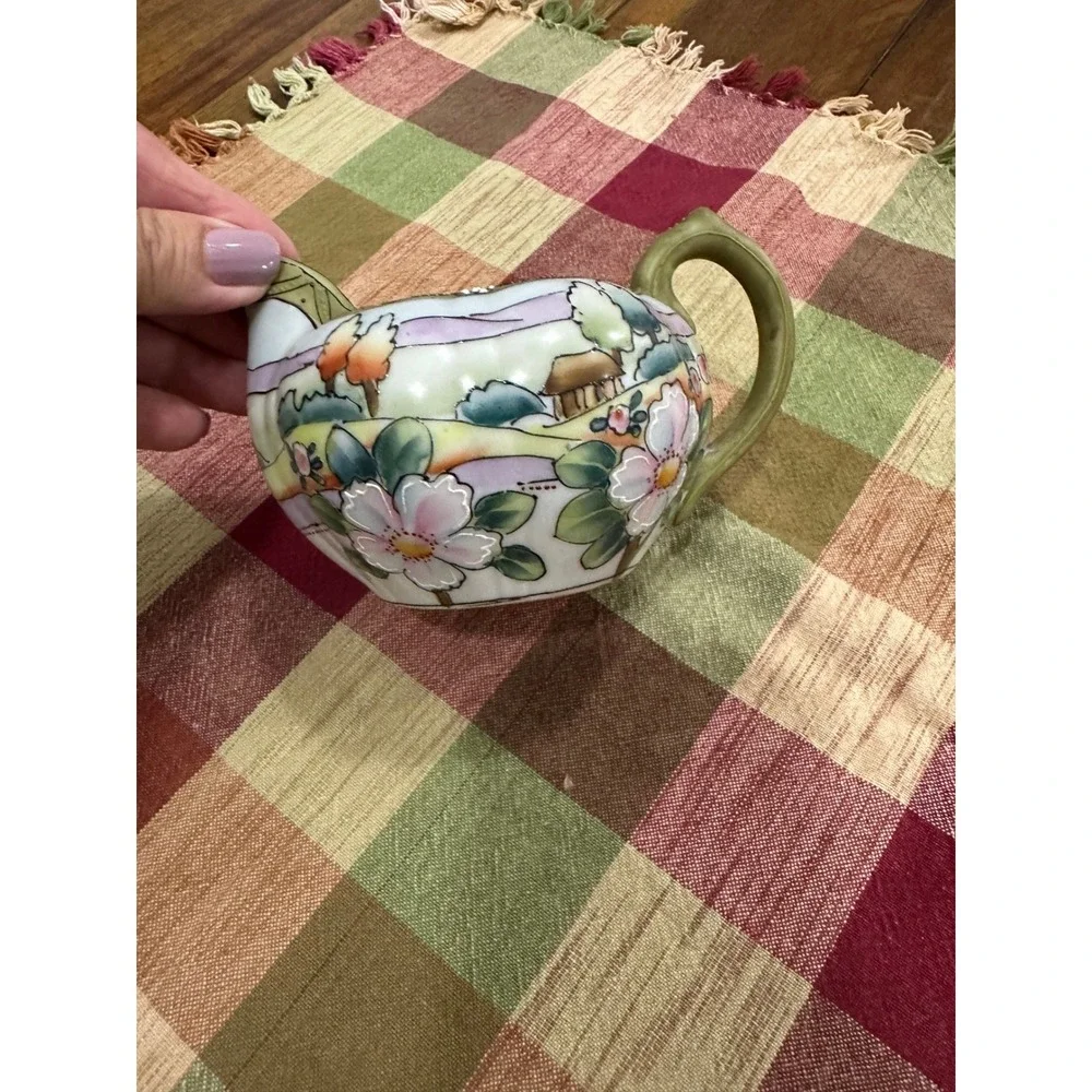 Vintage Hand Painted Japan Porcelain Creamer Pitcher Floral Landscape Scenic